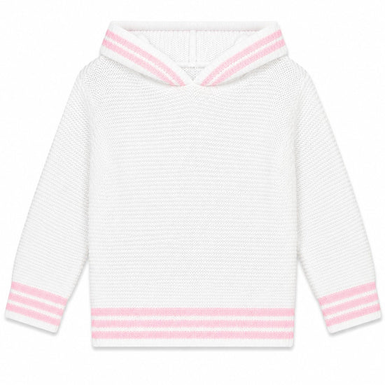 Carriage Boutique baby girl white knit sweater with pink striped trim, hood, and zip-back design.