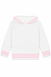 Carriage Boutique baby girl white knit sweater with pink striped trim, hood, and zip-back design.