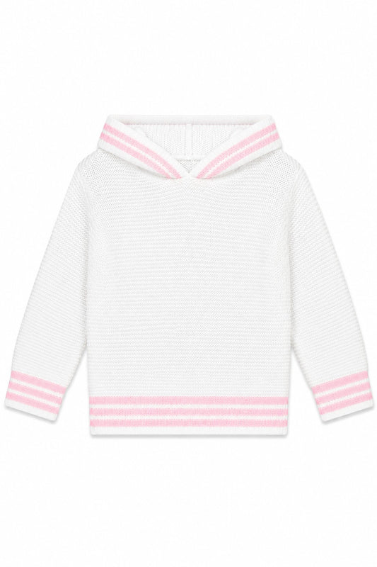 Carriage Boutique baby girl white knit sweater with pink striped trim, hood, and zip-back design.