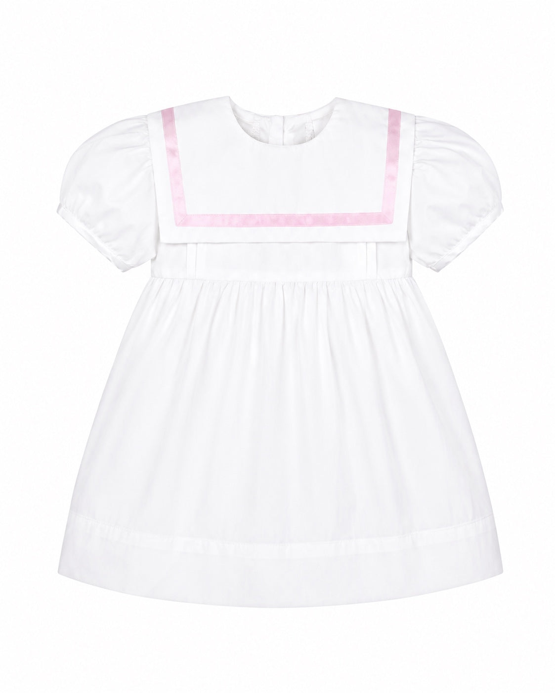 Carriage Boutique white and pink baby dress with short puff sleeves and a sailor-style collar in soft cotton
