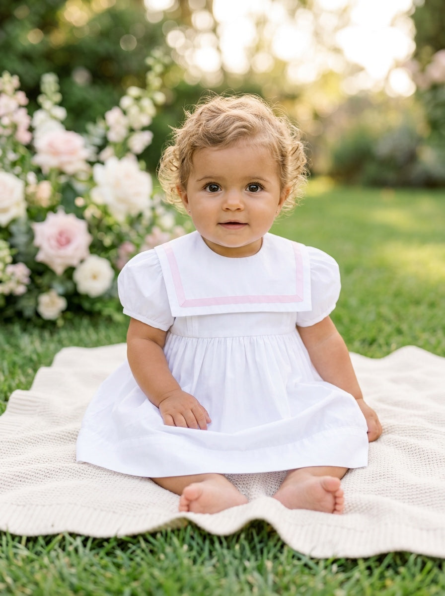 Toddler wearing a Carriage Boutique white and pink short sleeve sailor-style dress sitting on a blanket in a garden.