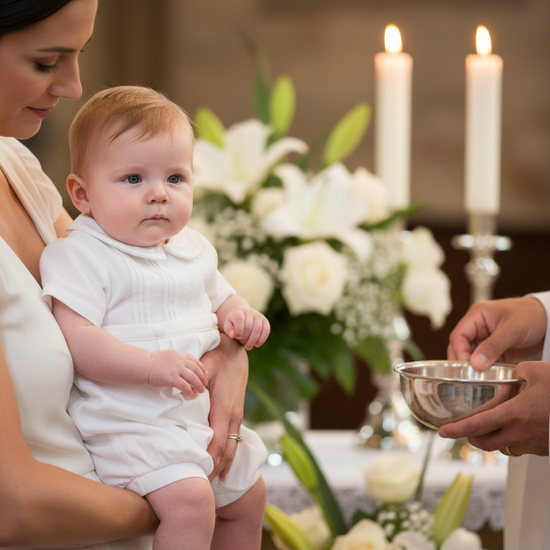Carriage Boutique white pique baby boy romper worn by an infant during a christening ceremony
