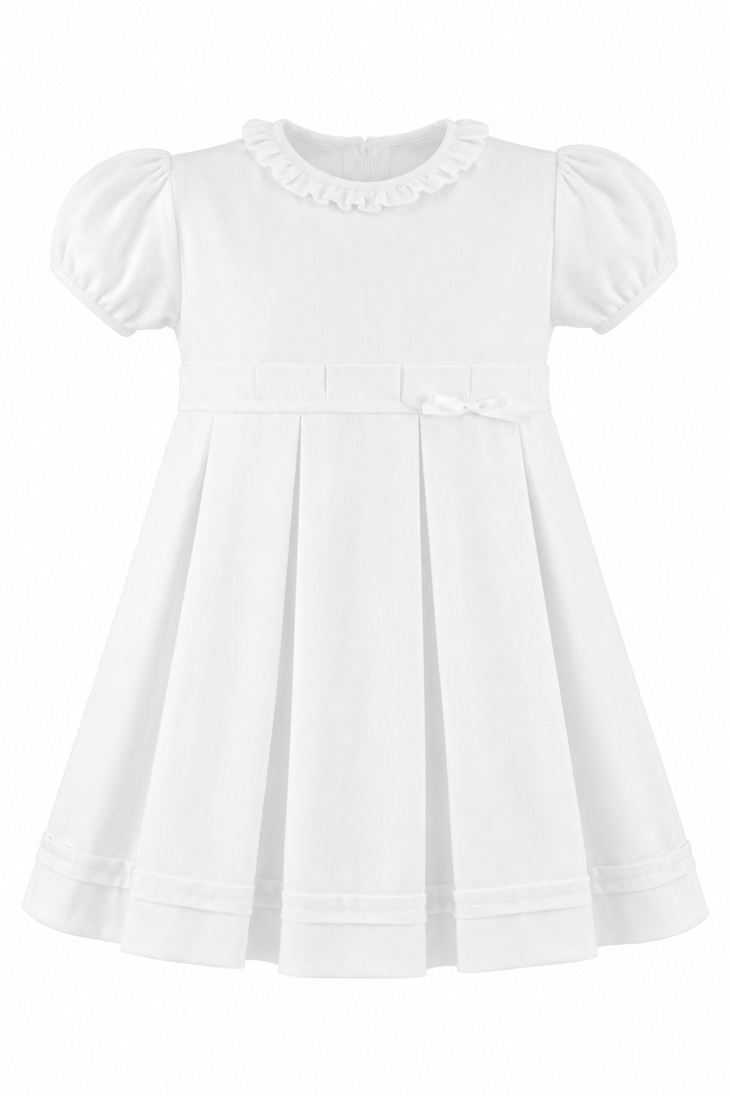 Carriage Boutique white pique baby and toddler girl dress with a ruffled collar, puff sleeves, and a bow waist detail.