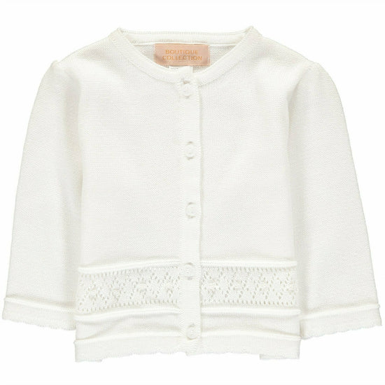 Carriage Boutique white baby girl cardigan in soft knit pointelle fabric with a five-button front closure.