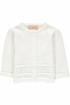 Carriage Boutique white baby girl cardigan in soft knit pointelle fabric with a five-button front closure.