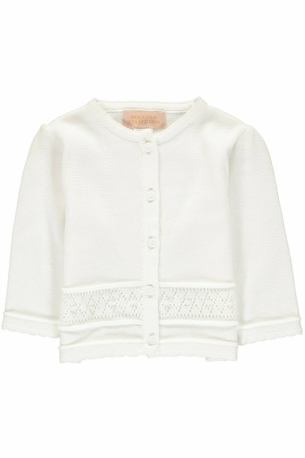 Carriage Boutique white baby girl cardigan in soft knit pointelle fabric with a five-button front closure.
