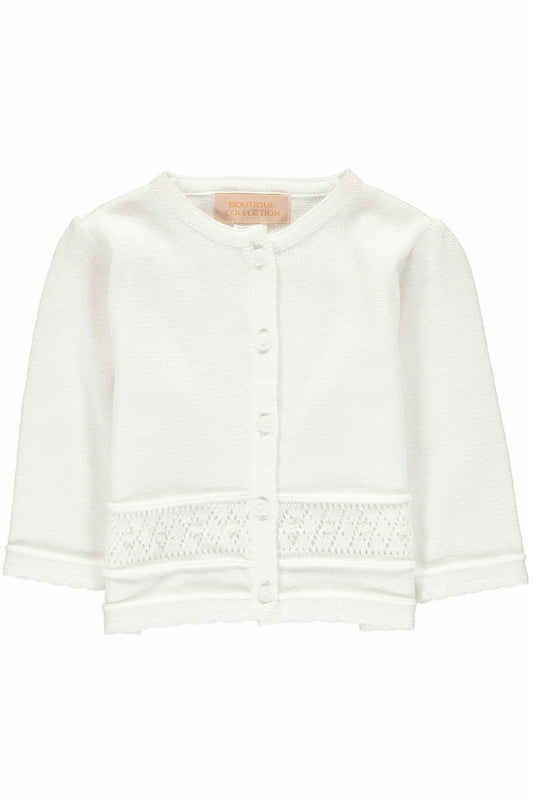 Carriage Boutique white baby girl cardigan in soft knit pointelle fabric with a five-button front closure.