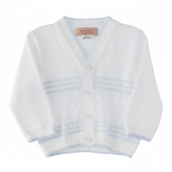 Carriage Boutique baby boys white pointelle knit cardigan with blue tipping and V-neck button front closure.