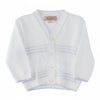 Carriage Boutique baby boys white pointelle knit cardigan with blue tipping and V-neck button front closure.