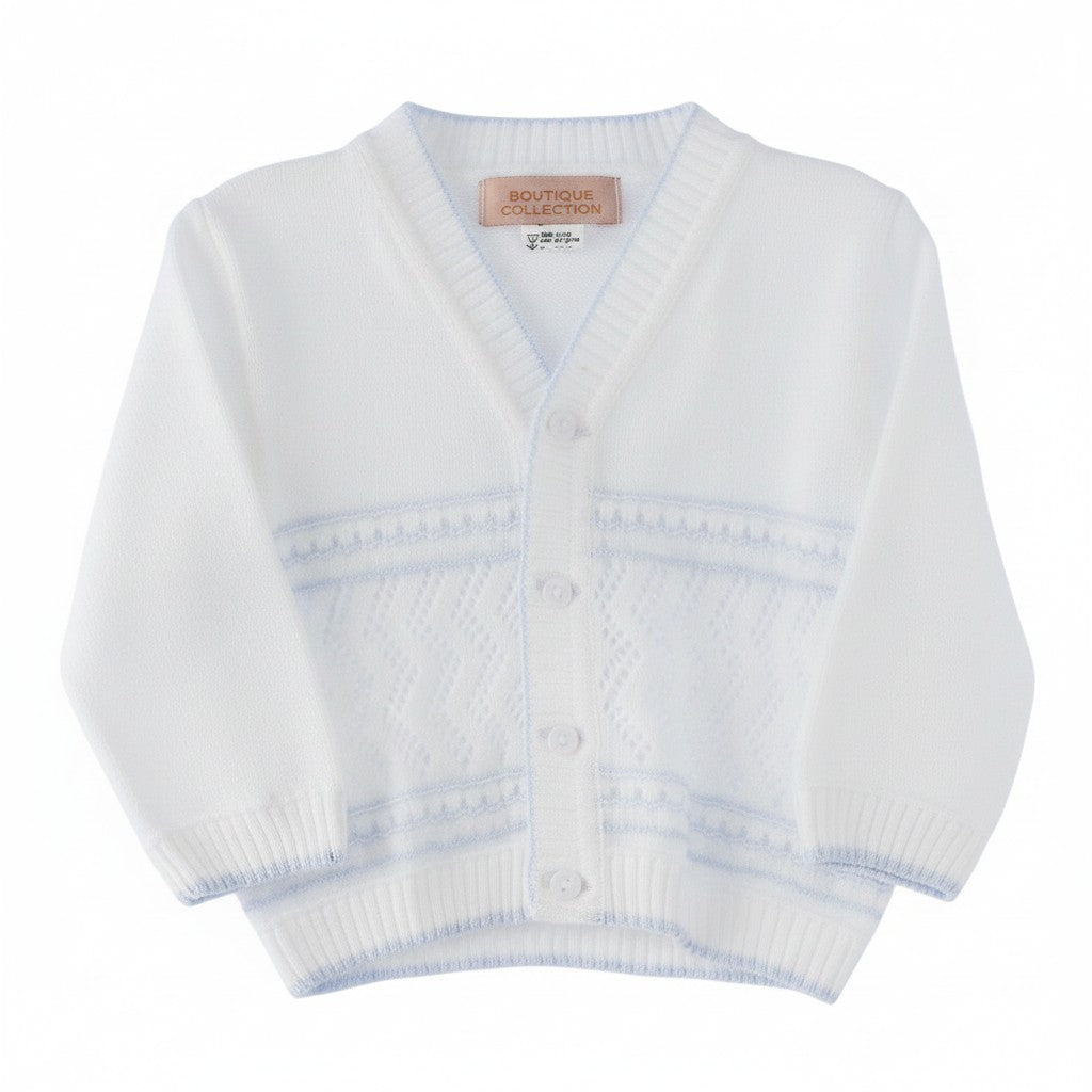 Carriage Boutique baby boys white pointelle knit cardigan with blue tipping and V-neck button front closure.