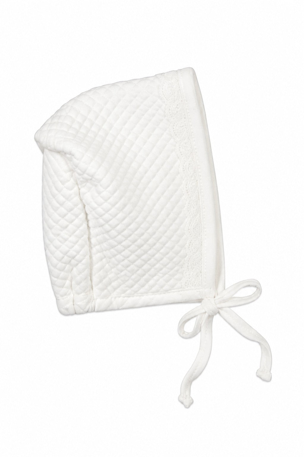Carriage Boutique white quilted baby bonnet with delicate lace trim and ribbon tie for a bris ceremony.
