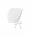 Carriage Boutique white quilted baby bonnet with delicate lace trim and tie closure for a traditional bris outfit.