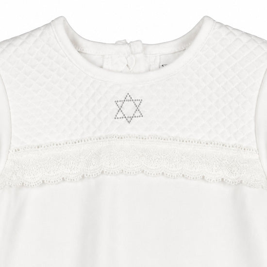 Carriage Boutique white quilted baby bris gown with delicate lace trim and embroidered Star of David detail