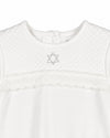 Carriage Boutique white quilted baby bris gown with delicate lace trim and embroidered Star of David detail
