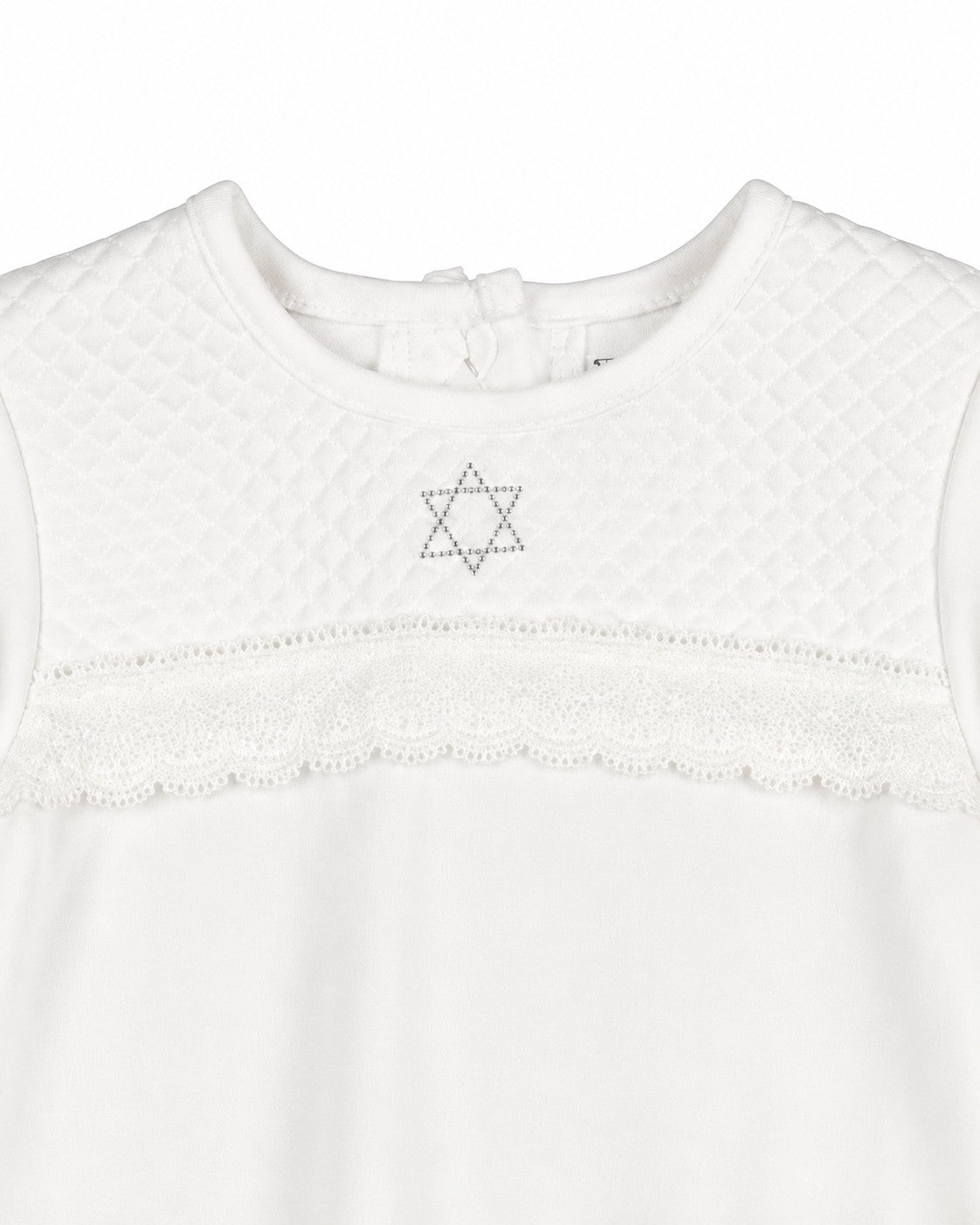 Carriage Boutique white quilted baby bris gown with delicate lace trim and embroidered Star of David detail