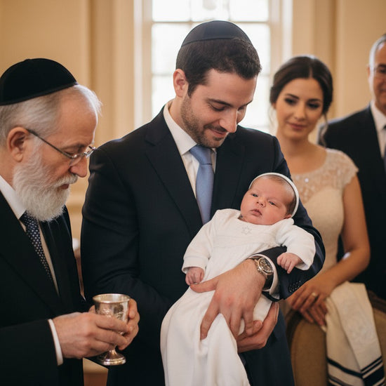 Carriage Boutique white quilted baby bris gown with Star of David embroidery worn by an infant during a ceremony