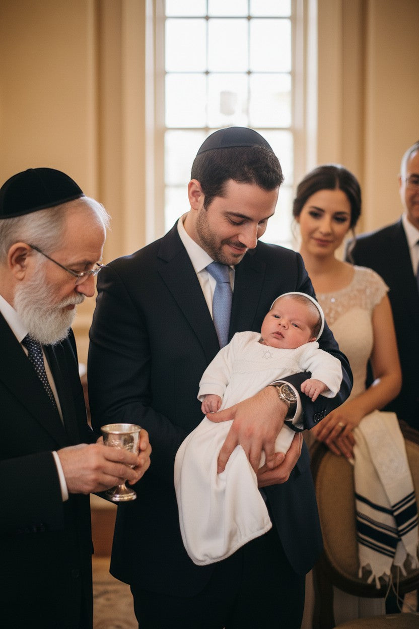 Carriage Boutique white quilted baby bris gown with Star of David embroidery worn by an infant during a ceremony