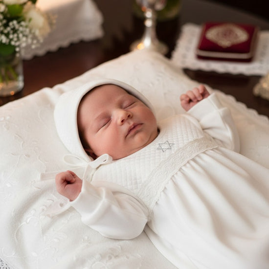 Carriage Boutique white quilted baby bris gown with Star of David embroidery and matching bonnet on a lace pillow