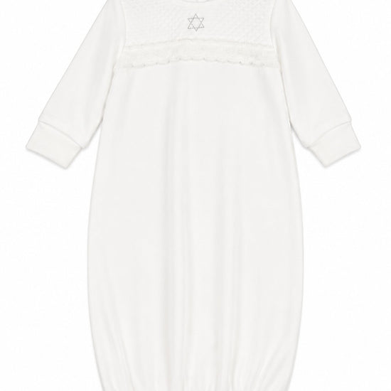 Carriage Boutique white quilted baby bris gown with delicate lace trim and embroidered Star of David detail