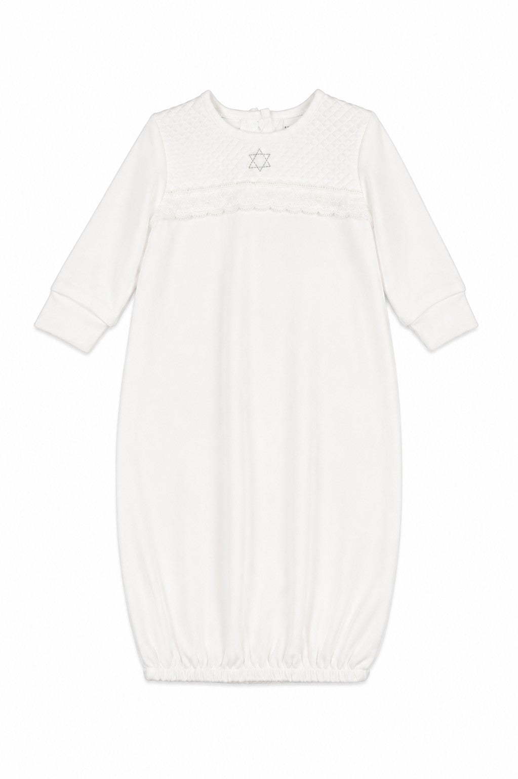 Carriage Boutique white quilted baby bris gown with delicate lace trim and embroidered Star of David detail