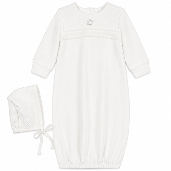 Carriage Boutique white quilted baby bris gown with Star of David embroidery and matching bonnet