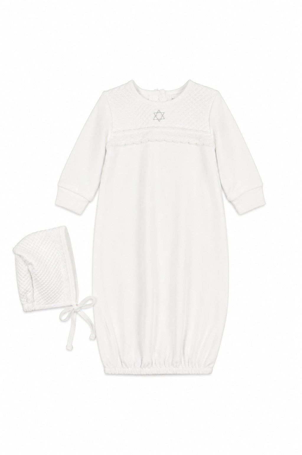 Carriage Boutique white quilted baby bris gown with Star of David embroidery and matching bonnet