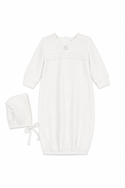 Carriage Boutique white quilted baby bris gown with Star of David embroidery and matching bonnet