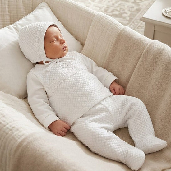Carriage Boutique white quilted 3-piece baby bris outfit with Star of David embroidery and matching bonnet