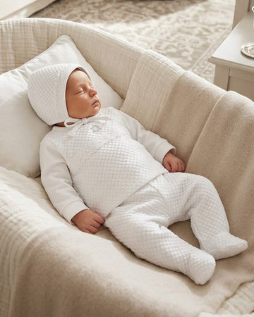 Carriage Boutique white quilted 3-piece baby bris outfit with Star of David embroidery and matching bonnet