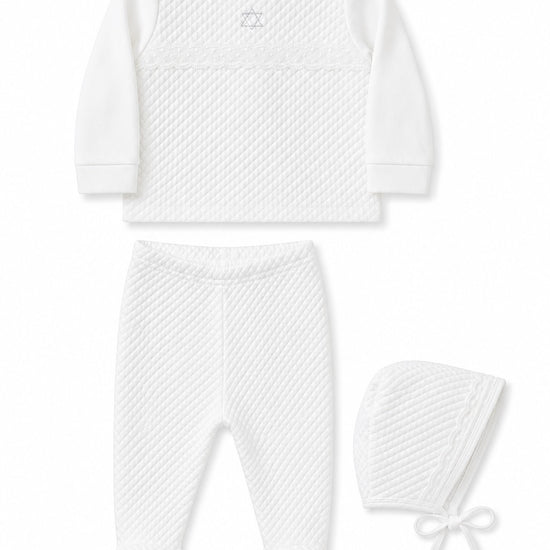 Carriage Boutique white quilted 3-piece baby bris outfit with Star of David embroidery, including top, pants, and bonnet
