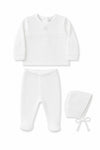 Carriage Boutique white quilted 3-piece baby bris outfit with Star of David embroidery, including top, pants, and bonnet