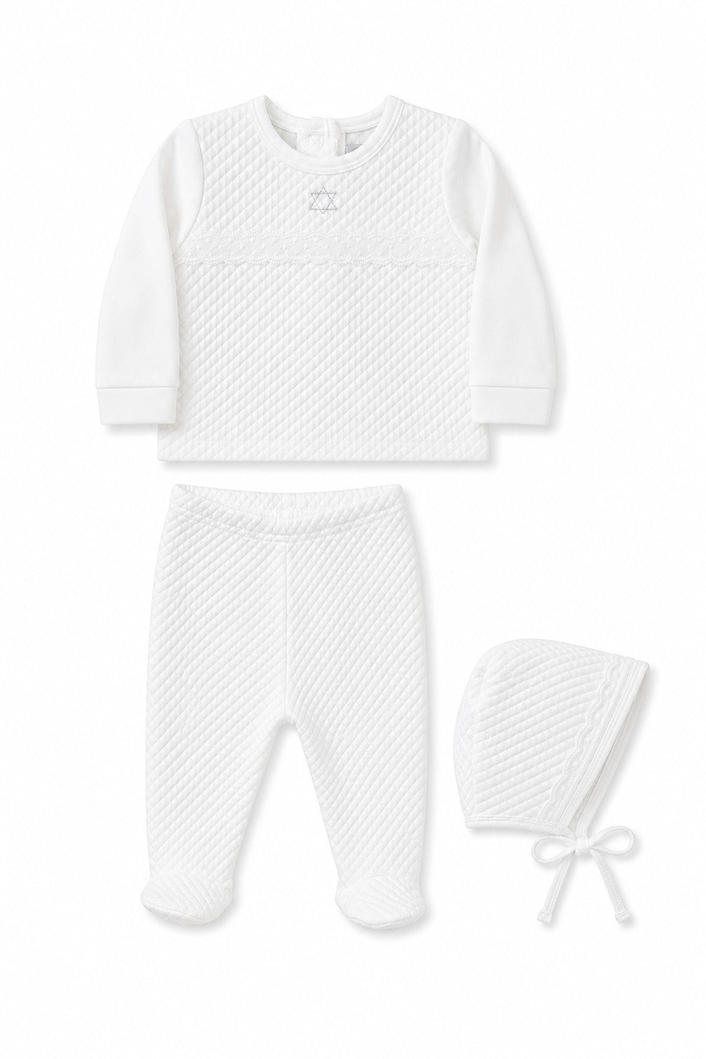 Carriage Boutique white quilted 3-piece baby bris outfit with Star of David embroidery, including top, pants, and bonnet