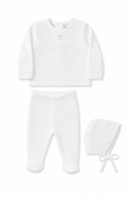 Carriage Boutique white quilted 3-piece baby bris outfit with Star of David embroidery, including top, pants, and bonnet