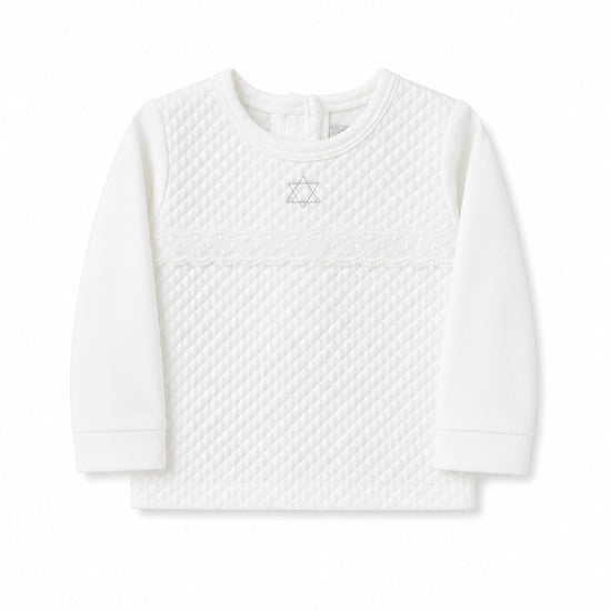Carriage Boutique white quilted baby shirt with long sleeves and delicate Star of David embroidery for a bris outfit