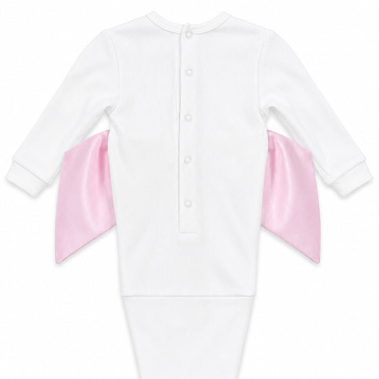 Carriage Boutique white ribbed cotton newborn swaddle bag featuring a large pink satin bow on the back with snap buttons