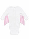 Carriage Boutique white ribbed cotton newborn swaddle bag featuring a large pink satin bow on the back with snap buttons