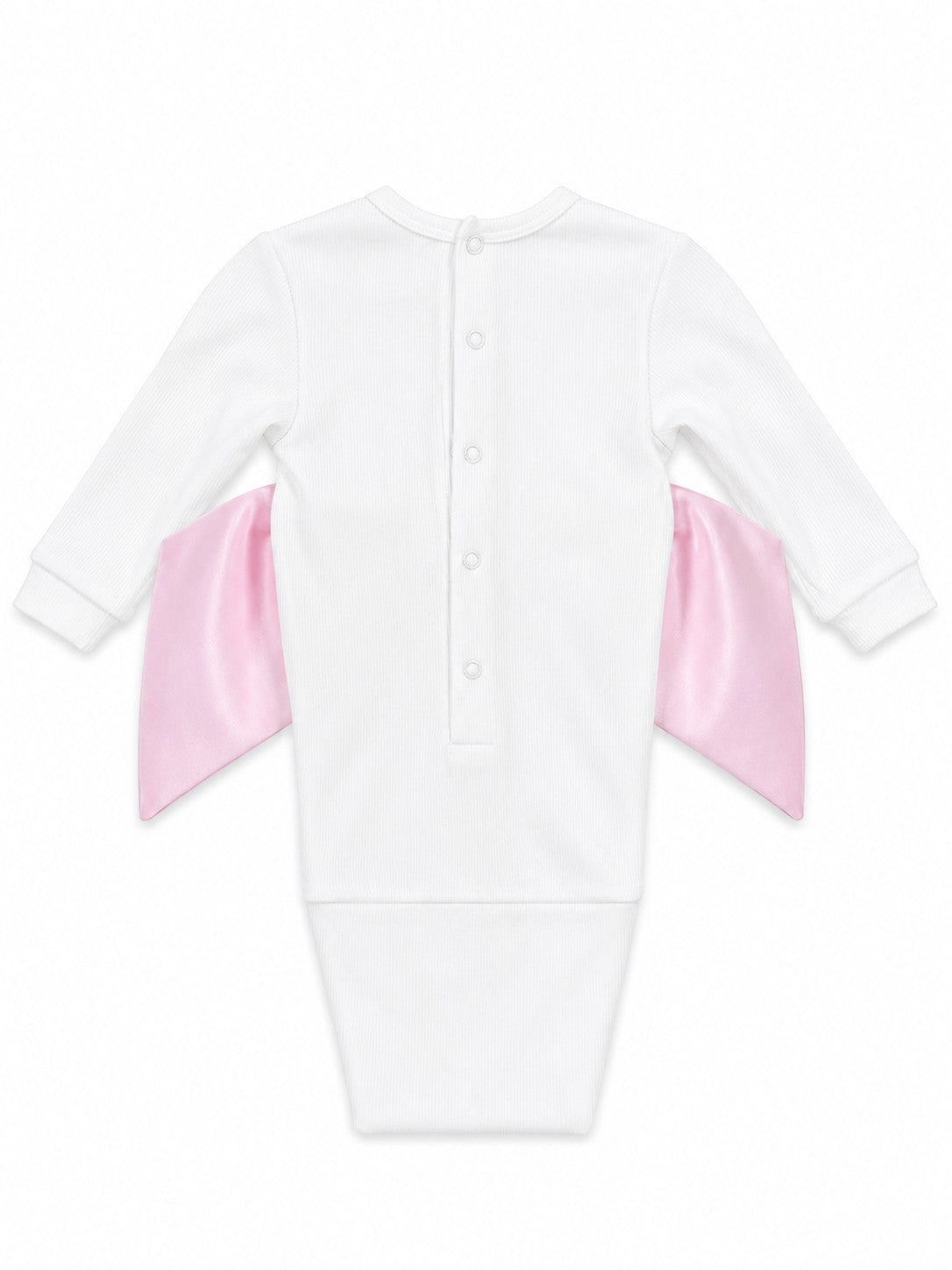 Carriage Boutique white ribbed cotton newborn swaddle bag featuring a large pink satin bow on the back with snap buttons