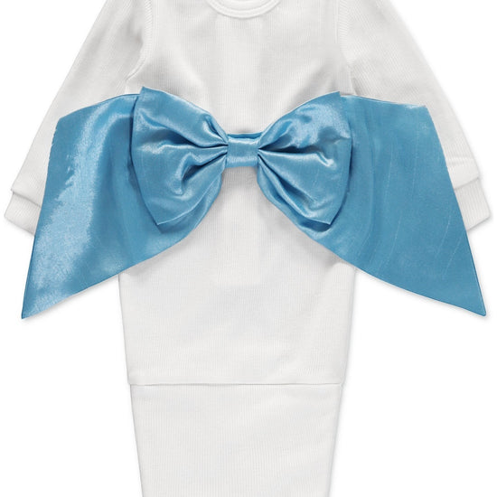 Carriage Boutique white ribbed newborn sleep sack featuring a large shimmering blue satin bow on the front.