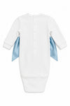 Carriage Boutique white ribbed newborn sleep sack featuring a back button closure and a decorative blue satin bow.