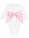 Carriage Boutique newborn baby girl white ribbed cotton swaddle bag featuring a large satin pink bow detail