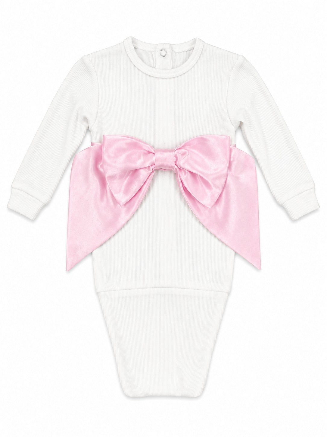 Carriage Boutique newborn baby girl white ribbed cotton swaddle bag featuring a large satin pink bow detail