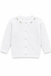 Carriage Boutique white cotton cashmere baby girl cardigan with delicate pink rosebud embroidery and button front.