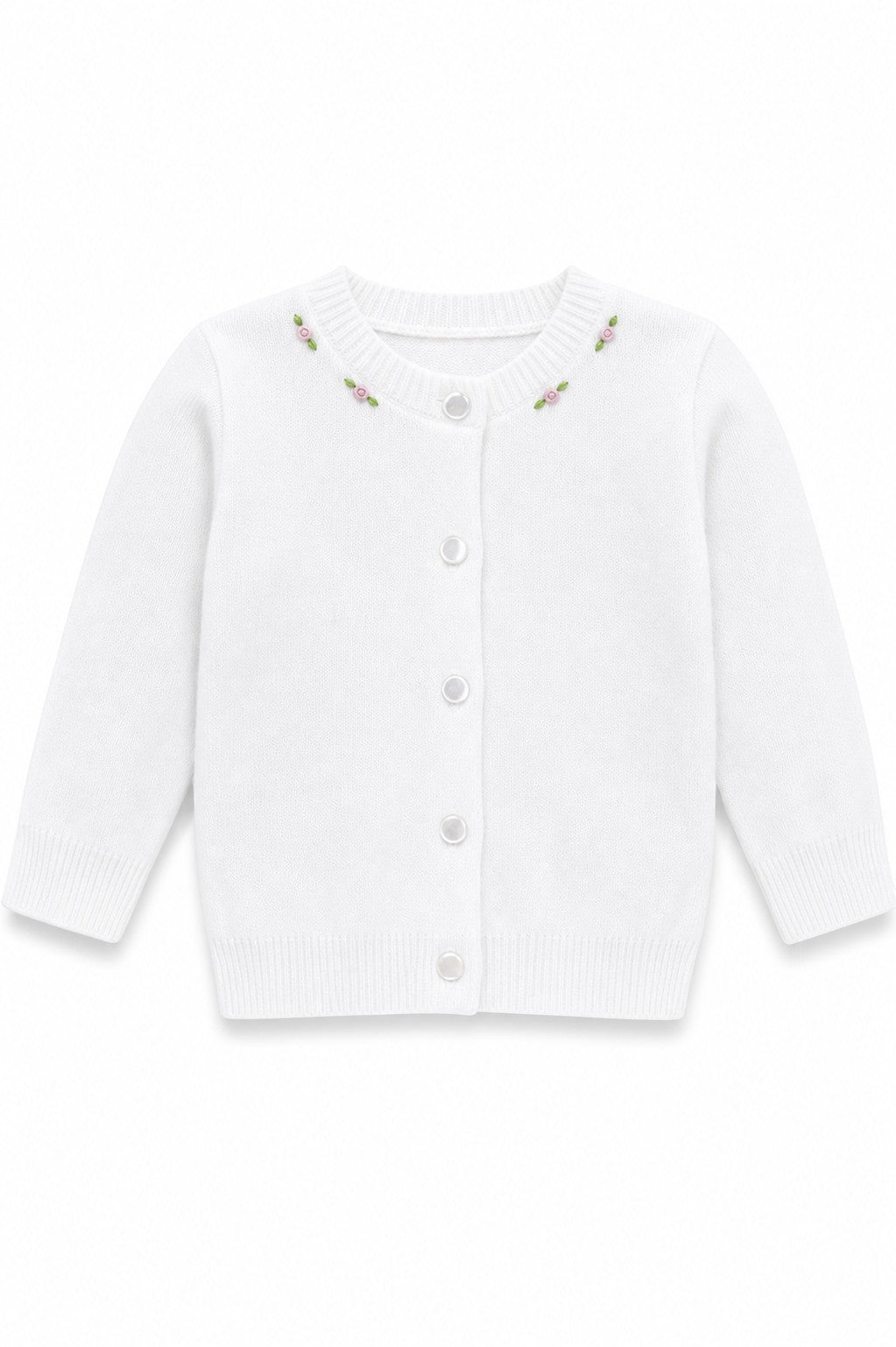 Carriage Boutique white cotton cashmere baby girl cardigan with delicate pink rosebud embroidery and button front.