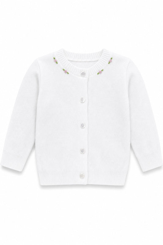 Carriage Boutique white cotton cashmere baby girl cardigan with delicate pink rosebud embroidery and button front.