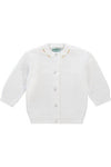 Carriage Boutique white cotton cashmere baby girl cardigan with delicate smocked rosebud embroidery on the neckline.