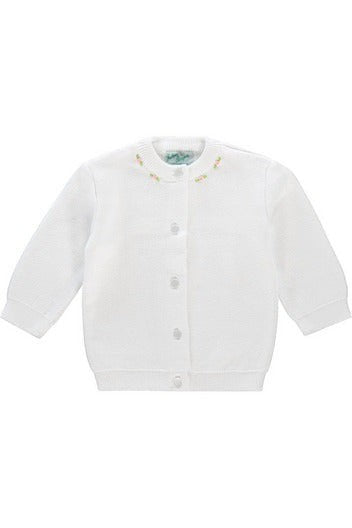 Carriage Boutique white cotton cashmere baby girl cardigan with delicate smocked rosebud embroidery on the neckline.