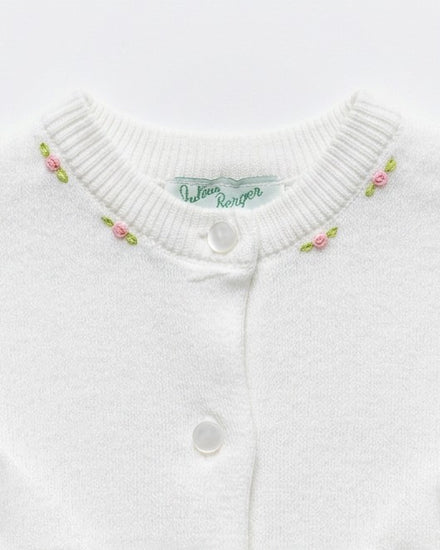Carriage Boutique white cotton cashmere baby girl cardigan with delicate pink rosebud embroidery and crew neck