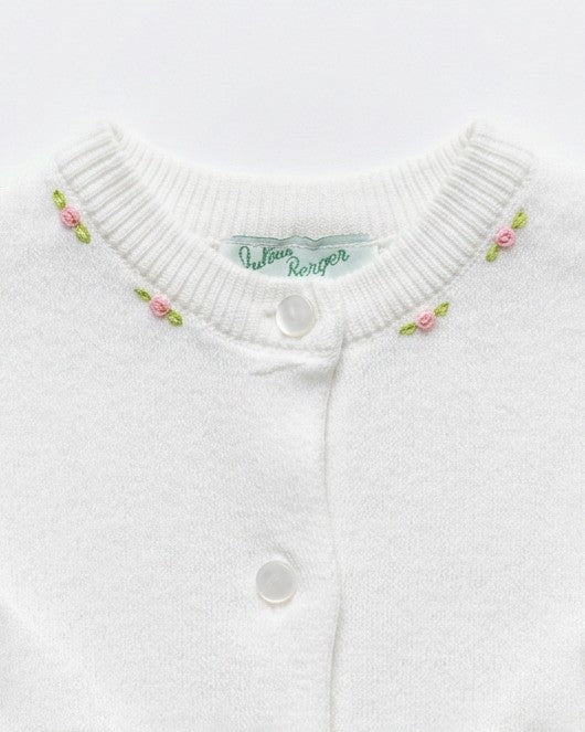 Carriage Boutique white cotton cashmere baby girl cardigan with delicate pink rosebud embroidery and crew neck