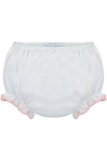 Carriage Boutique baby girl white cotton diaper cover with delicate pink ruffle trim and elastic waistband