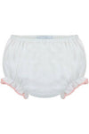 Carriage Boutique baby girl white cotton diaper cover with delicate pink ruffle trim and elastic waistband